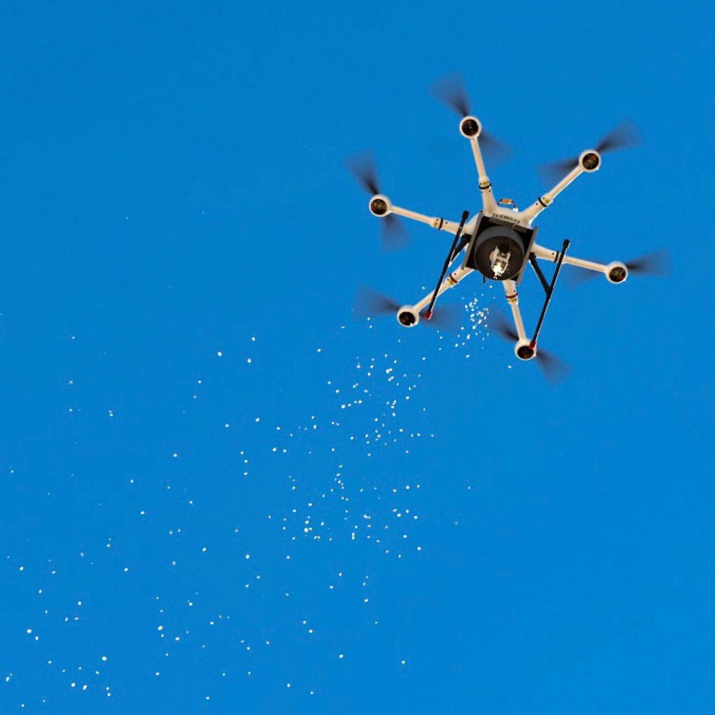 An M3 release drone overhead against a blue sky, sterile moths falling from its release unit